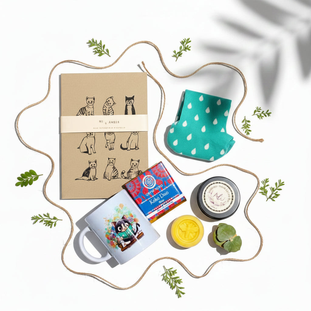 Gift set with stationery items and a cat-themed notebook on a white background