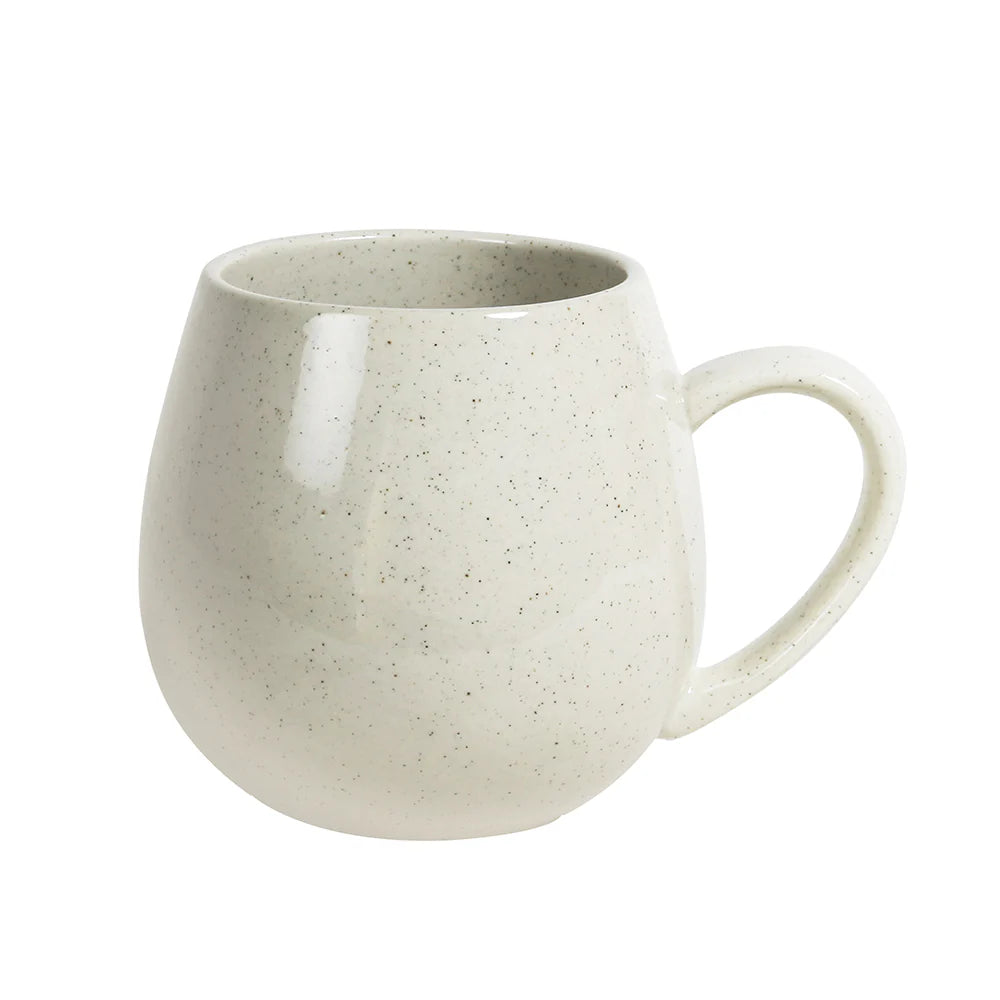 this is an image of a white speckled mug