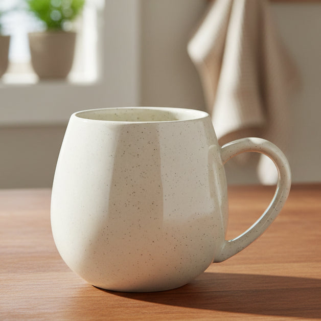 this is an image of a white speckled mug