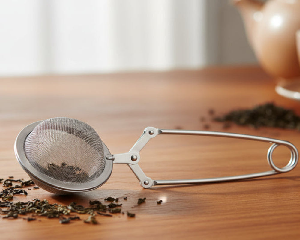 Metallic tea strainer on a white background