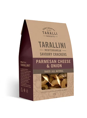 Packaging of Tarallini Parmesan Cheese & Onion crackers with brown and purple design.