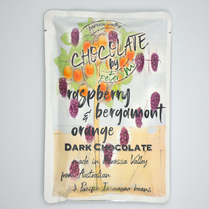 image of a packetof vegan chocolate with raspberry and bergamont mixed through it