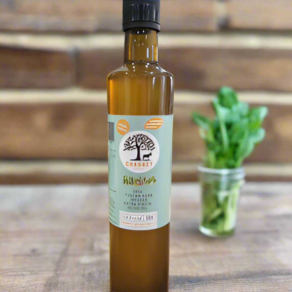 Bottle of olive oil with a label on a white background