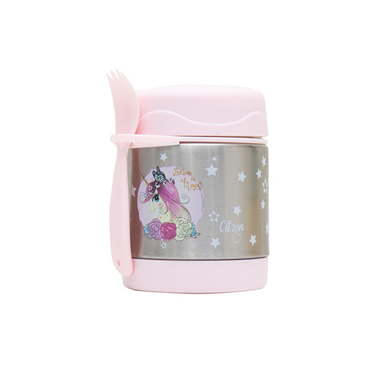 A pink 300ml food jar with triple insulation, featuring a unicorn design and personalized with the name 'Olivia'. It includes a spork.