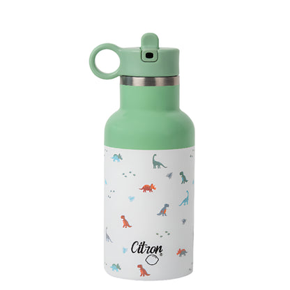 A green and white stainless steel water bottle with dinosaur patterns and the brand name 'Citron' on the label.