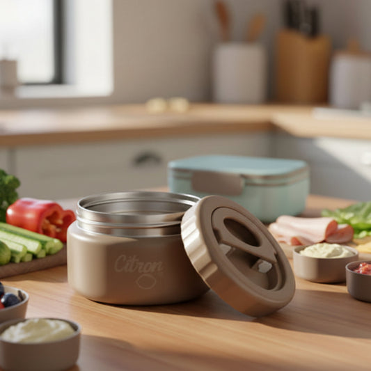 Stainless steel container with wooden lid on a kitchen counter