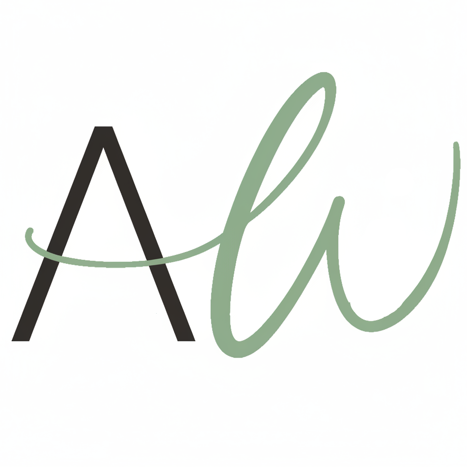Logo with initials 'AW' in black and green on a white background