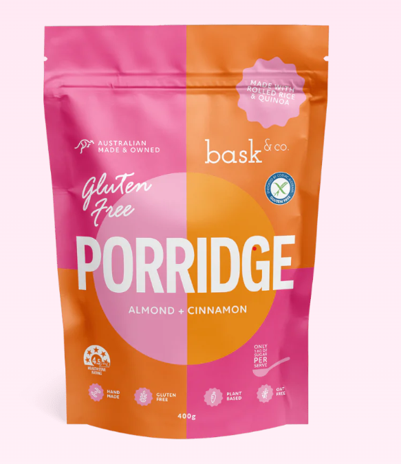 Bask & Co gluten-free porridge package with pink and orange design on a white background