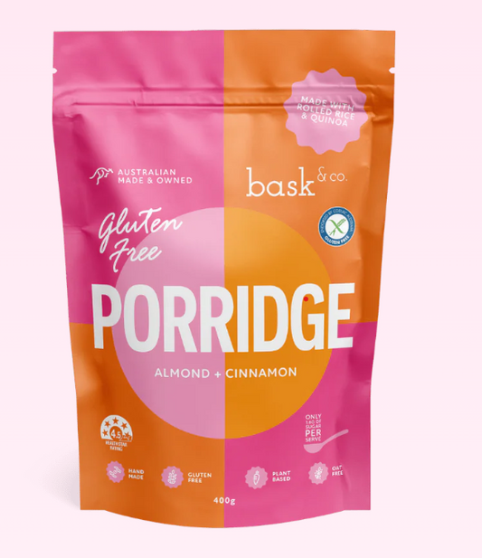 Bask & Co gluten-free porridge package with pink and orange design on a white background