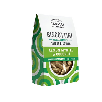 Packaging of Biscottini Lemon Myrtle & Coconut Sweet Biscuits, vegan and preservative-free, with green patterns and a window showing the biscuits.