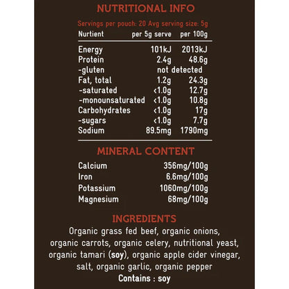 Nutritional information and ingredient list on a product label with a dark background.