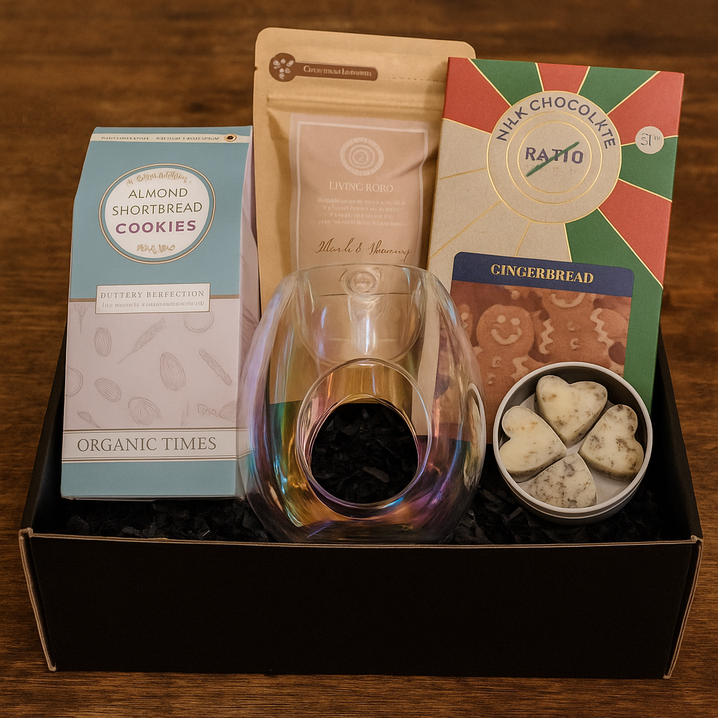 Gift box with organic times cookies, a glass, and other items on a wooden surface