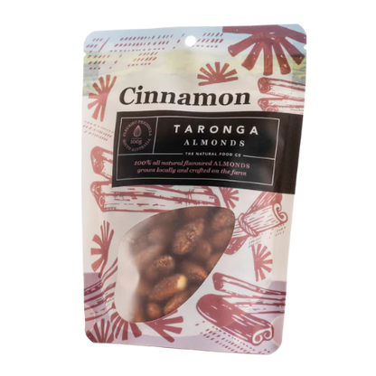 Packaged almonds with cinnamon flavor from Taronga Almonds on a white background
