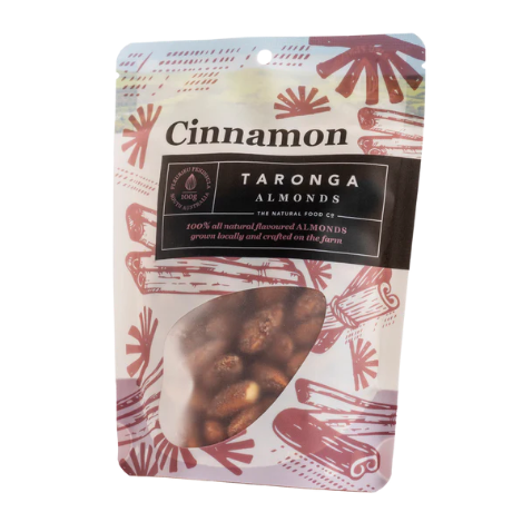Packaged almonds with cinnamon flavor from Taronga Almonds on a white background