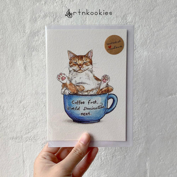 Image of Coffee First World Domination Next Greeting Card

Great low-tox gift for coffee lovers and cat lovers.