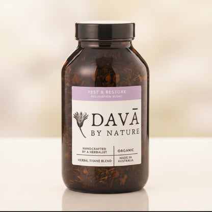 Image of DAVA BY NATURE Rest & Restore bottle, great low-tox gift for tea lovers.