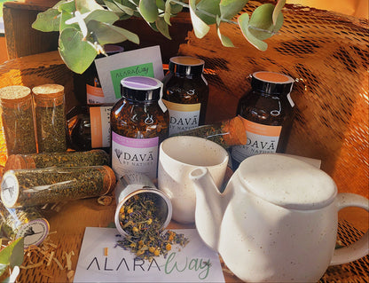 Dava by Nature Herbal products and teapot and cup on a table with 'Alara Way' branding.