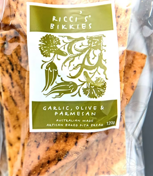 Garlic,Olive and Parmesan Pita Crackers by Ricci's Bikkies