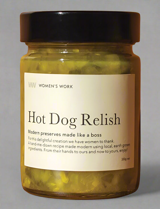 Jar of Hot Dog Relish with 'Women's Work' label on a white background