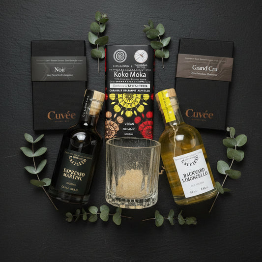 Gift box with various items including Espresso Martini, Backyard Limoncello and selection of low tox Chocolates with a gorgeous glass cup. 