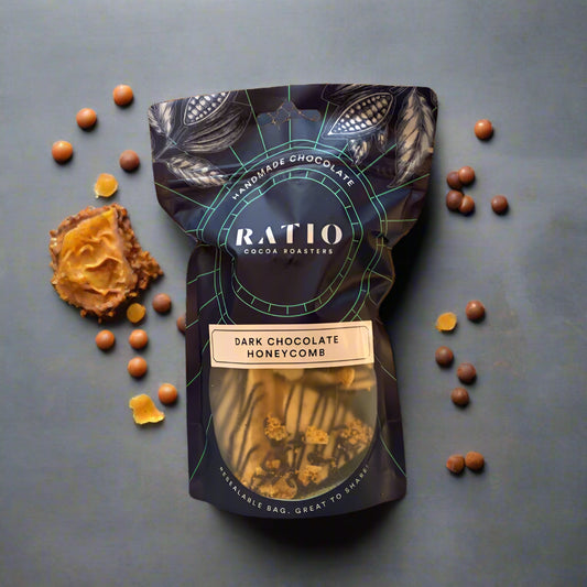 Packaged dark chocolate honeycomb with Ratio branding on a white background