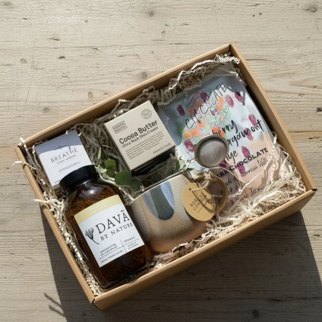 Gifting box with low tox skincare products, a bottle loose tea,mug,tea infuser and a shower steamer in hamper box 
