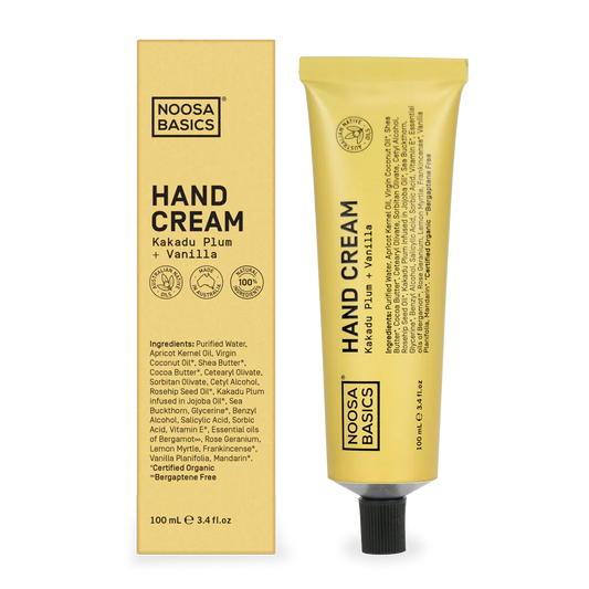 Noosa Basics hand cream packaging with tube and box on a white background