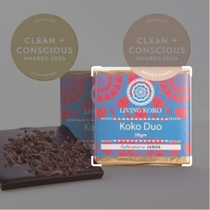 Living Koko Koko Duo chocolate packaging with a金奖 badge on a gray background