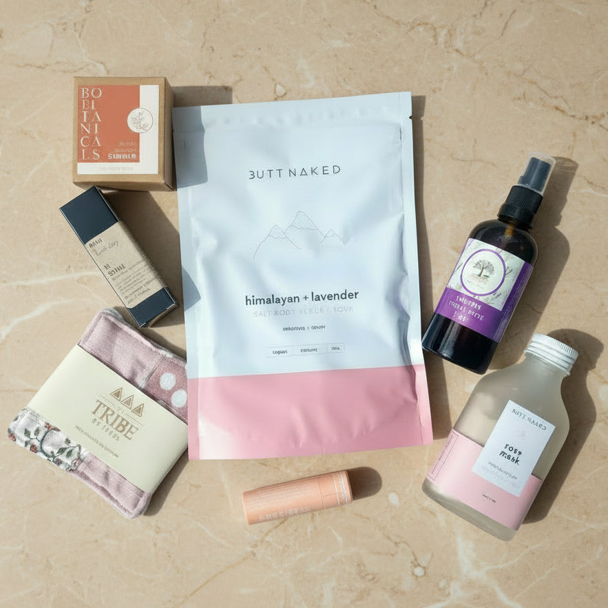 Collection of low tox skincare and wellness products 