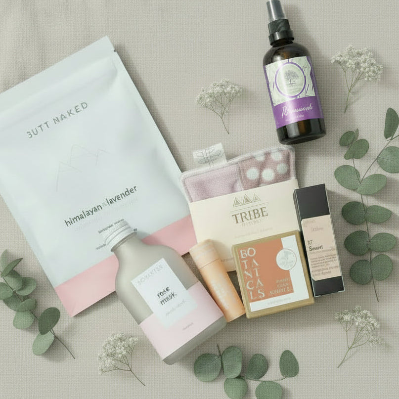 Collection of beauty and wellness products including a 'Butt Naked' package, soap, and bottles on a wooden surface.