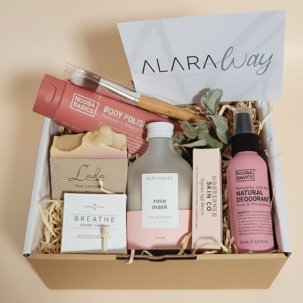 Mothers day low Tox Pamper Box with body polish, rose mask, application brush ,eye serum ,natural rose deodorant ,natural soap and shower steamer  