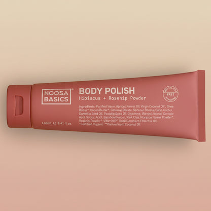 A tube of Noosa Basics Body Polish made with Hibiscus & rosehip powder