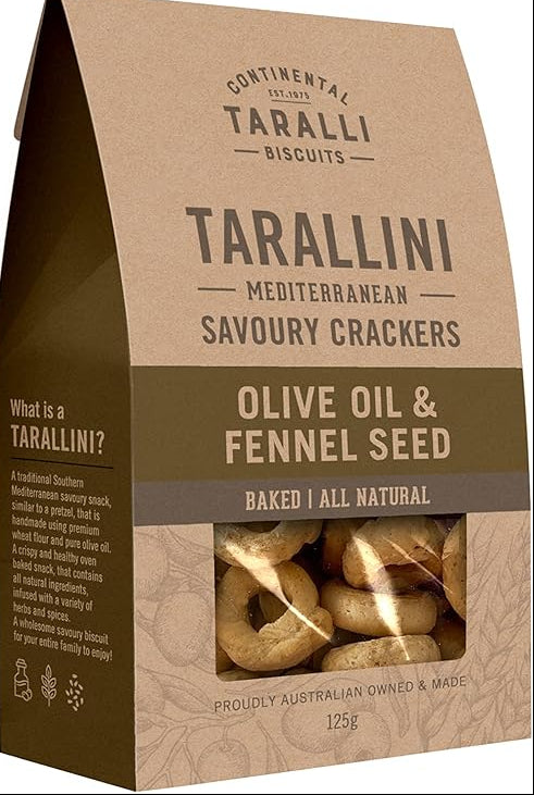 Box of Continental Taralli Tarallini Savoury Crackers with olive oil and fennel seed flavor.
