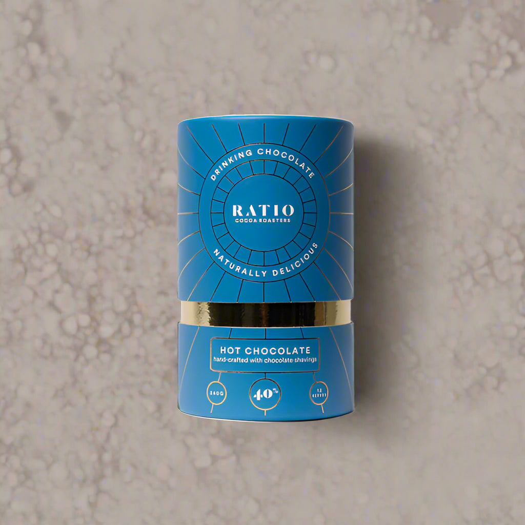 Blue container of Ratio hot chocolate on a white background