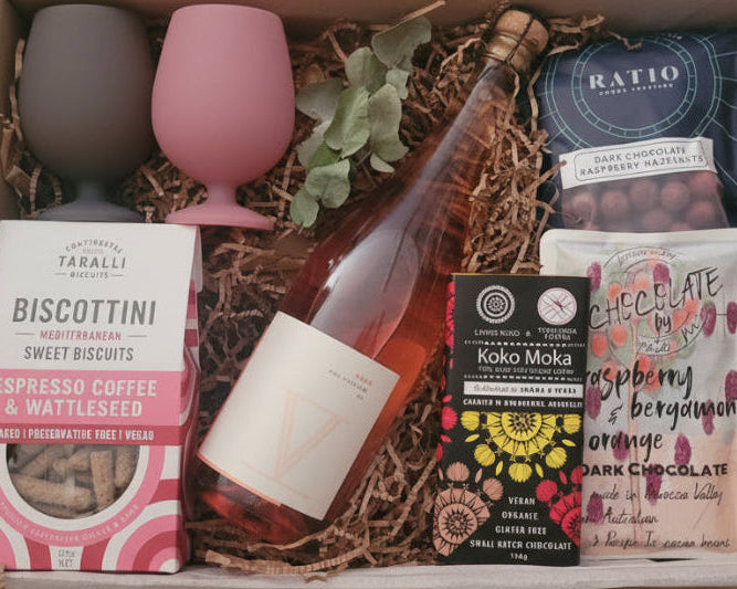 NV rose wine , low tox cups, biscuits, and lots of chocolate