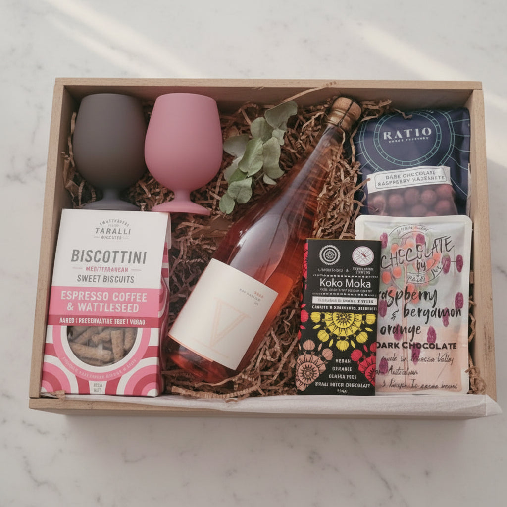 NV rose wine , low tox cups, biscuits, and lots of chocolate