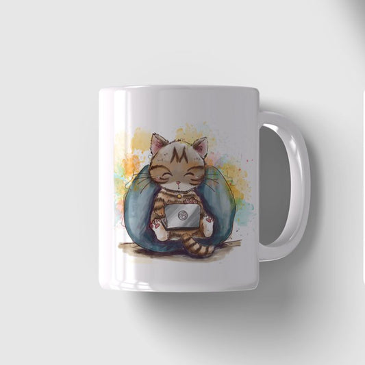 Two white mugs, one with a cat illustration and the other with a QR code, on a light gray background.