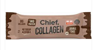 Chief Collagen protein bar with chocolate flavor on a white background