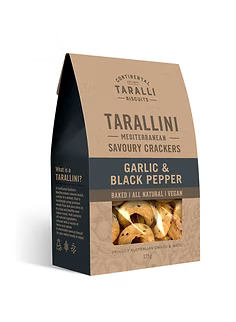 Tarallini garlic & black pepper crackers packaging on a white background