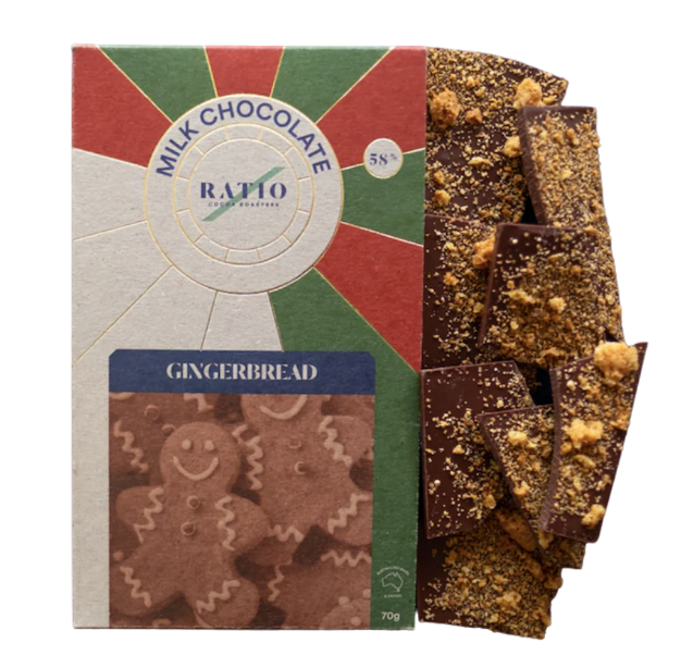 Milk chocolate gingerbread bars with a branded box on a white background