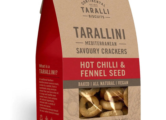 Packaging of Tarallini Mediterranean Savoury Crackers with hot chilli and fennel seed flavor on a white background.