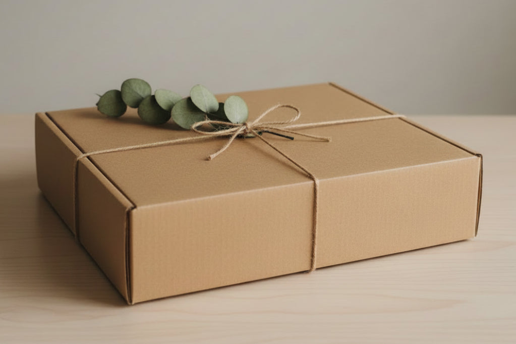 Brown paper-wrapped gift box with a string bow and green leaves on a neutral background
