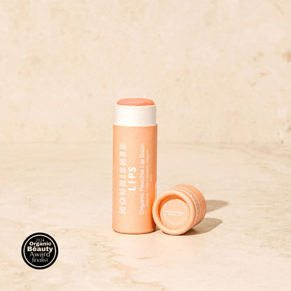 image of a lip balm that is organic and peach flavoured