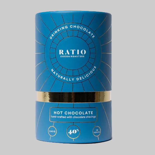 Blue cylindrical container of Ratio hot chocolate on a white background