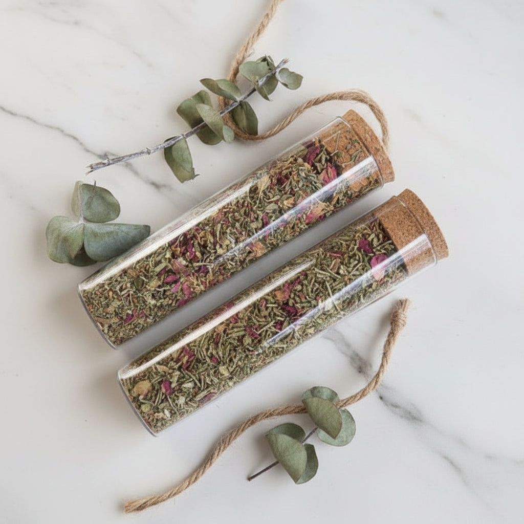 Herbal tea packaging with eucalyptus leaves on a marble surface