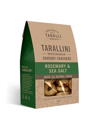 Packaging of Tarallini savoury crackers with rosemary and sea salt flavor on a white background.
